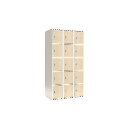 Fydor 5-door compartment locker, HPL, 3 sections, white/birch, W 900 mm, flat roof shape, padlock.