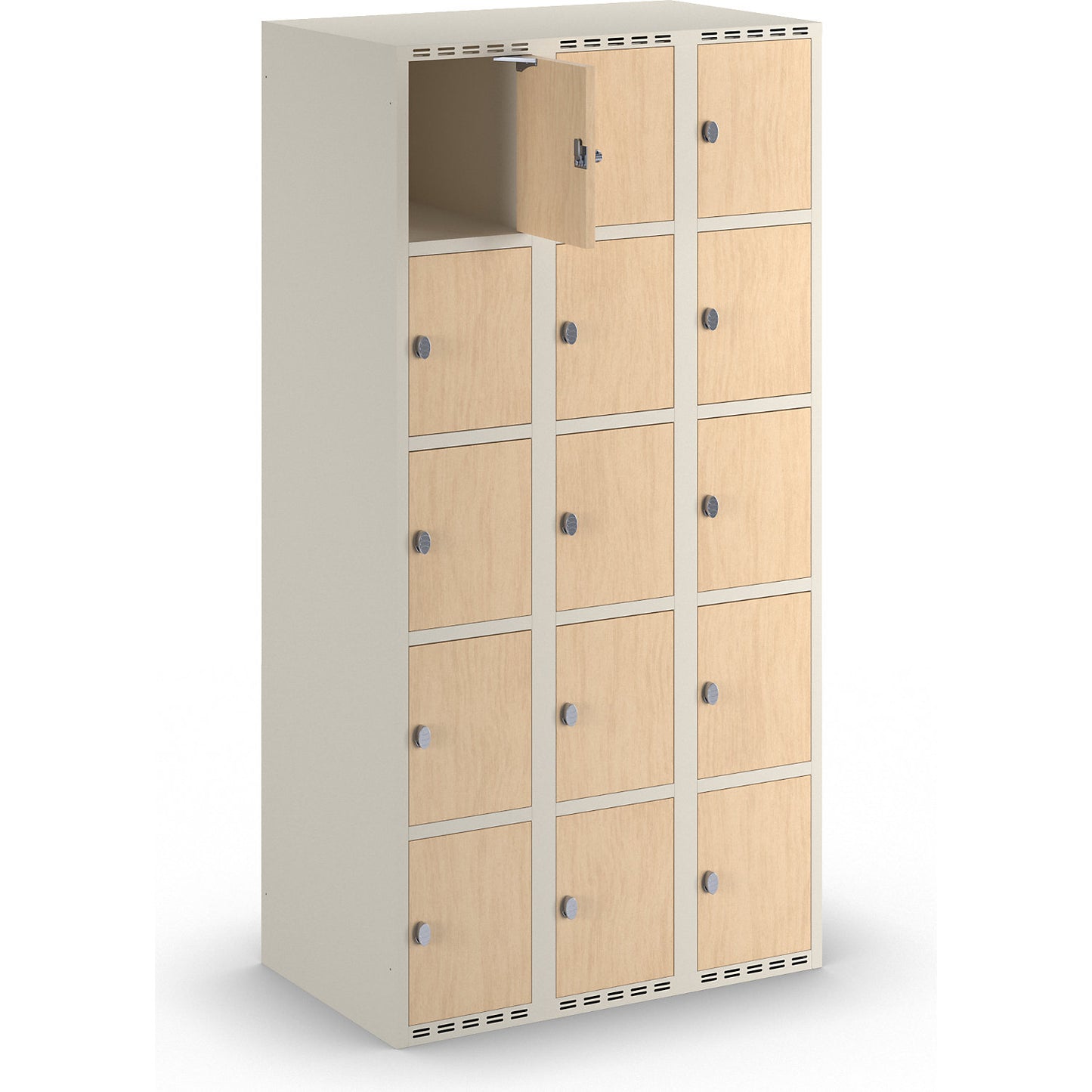 Fydor 5-door compartment locker, HPL, 3 sections, white/birch, W 900 mm, flat roof shape, padlock.