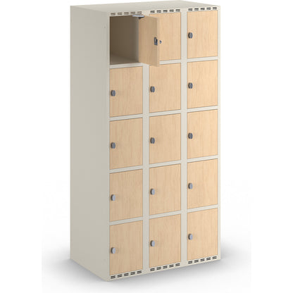 Fydor 5-door compartment locker, HPL, 3 sections, white/birch, W 900 mm, flat roof shape, padlock.