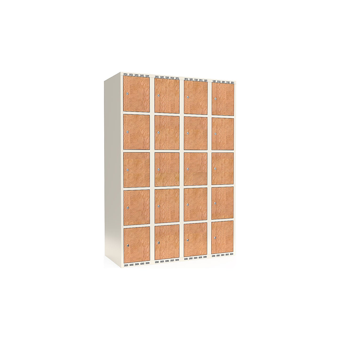 Fydor 5-door compartment locker, HPL, 4 sections, white/oak, W 1200 mm, flat roof shape, cylinder lock.