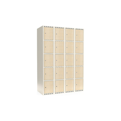 Fydor 5-door compartment locker, HPL, 4 sections, white/birch, W 1200 mm, flat roof shape, cylinder lock.