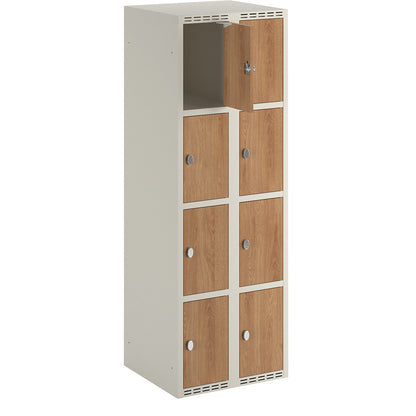 Fydor 4-door compartment locker, HPL, 2 sections, white/oak, W 600 mm, flat roof shape, padlock.