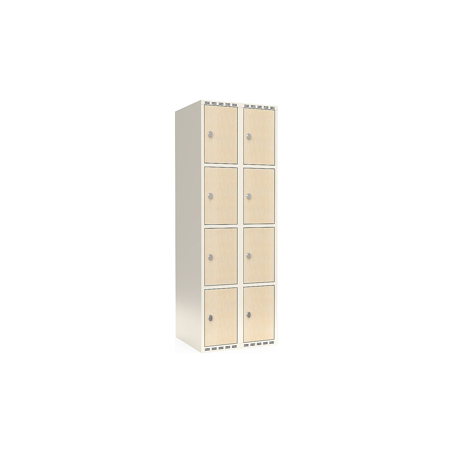 Fydor 4-door compartment locker, HPL, 2 sections, white/birch, W 600 mm, flat roof shape, padlock.