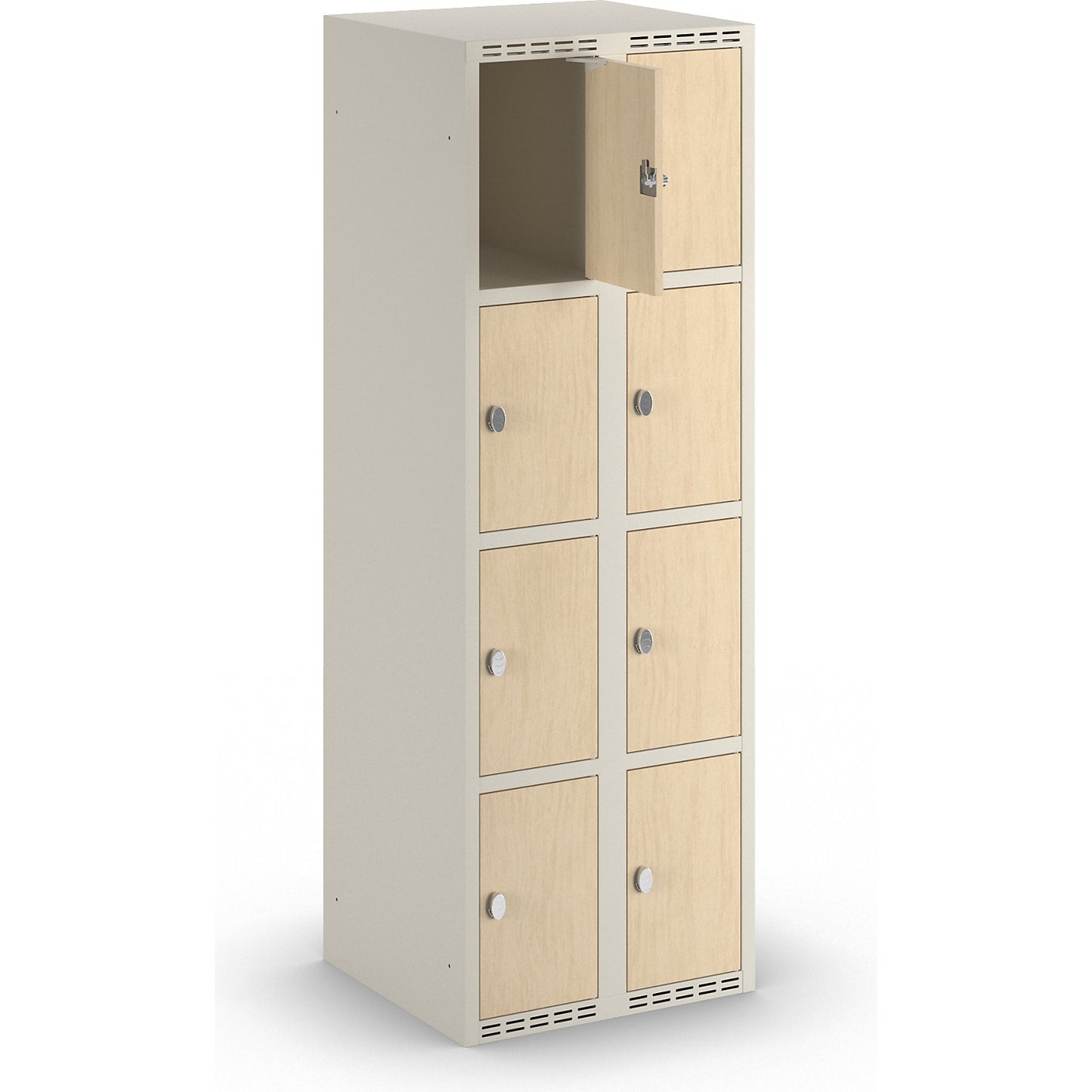 Fydor 4-door compartment locker, HPL, 2 sections, white/birch, W 600 mm, flat roof shape, padlock.