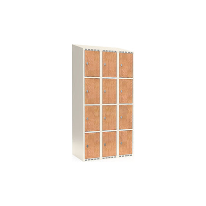 Fydor 4-door compartment locker, HPL, 3 sections, white/oak, W 900 mm, sloping roof shape, padlock.
