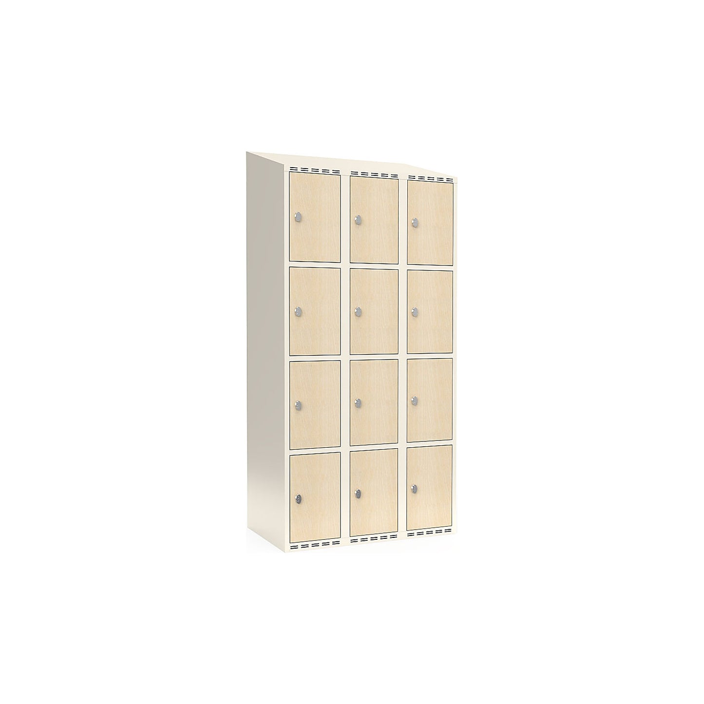Fydor 4-door compartment locker, HPL, 3 sections, white/birch, W 900 mm, sloping roof shape, padlock.