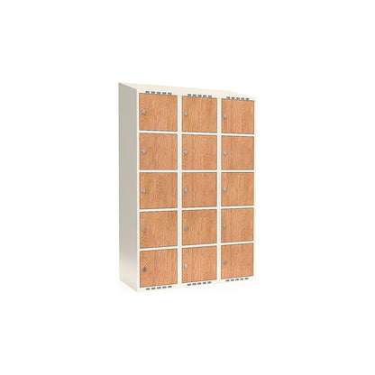 Fydor 5-door compartment locker, HPL, 3 sections, white/oak, W 1200 mm, sloping roof shape, padlock.