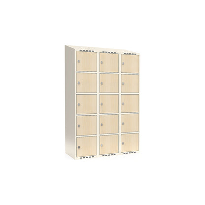 Fydor 5-door compartment locker, HPL, 3 sections, white/birch, W 1200 mm, sloping roof shape, padlock.