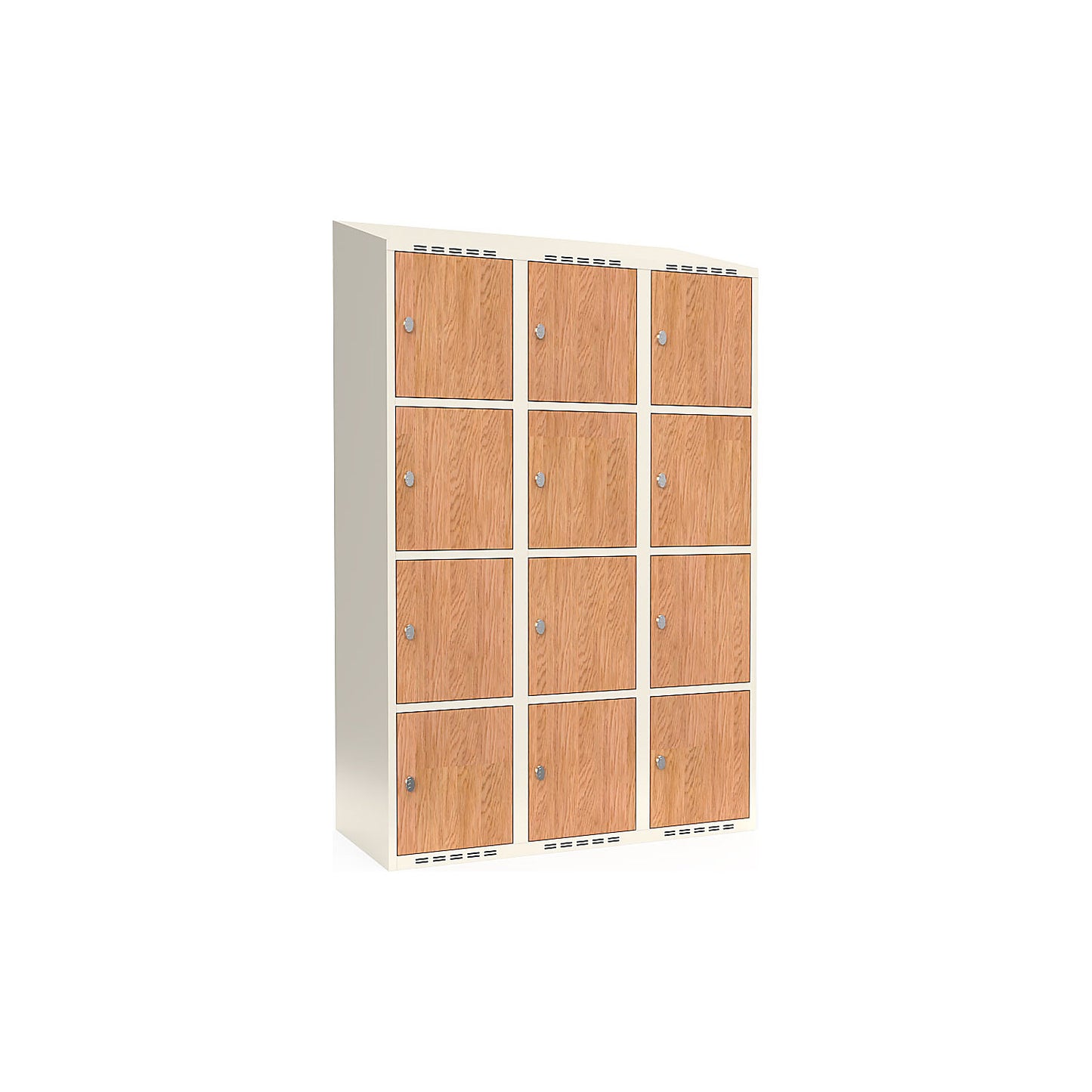 Fydor 4-door compartment locker, HPL, 3 sections, white/oak, W 1200 mm, sloping roof shape, padlock.