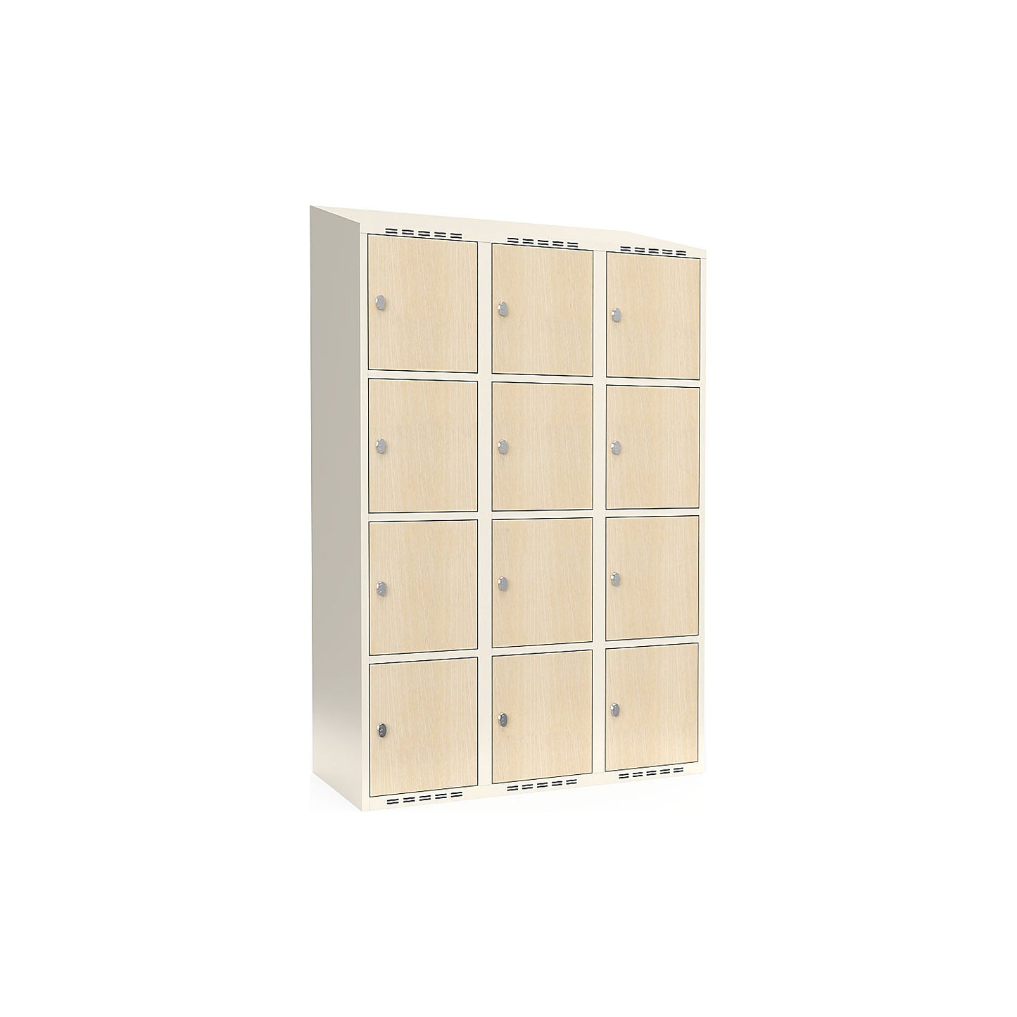 Fydor 4-door compartment locker, HPL, 3 sections, white/birch, W 1200 mm, sloping roof shape, padlock.