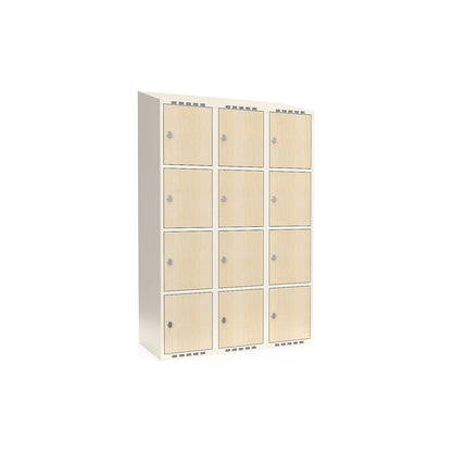Fydor 4-door compartment locker, HPL, 3 sections, white/birch, W 1200 mm, sloping roof shape, padlock.
