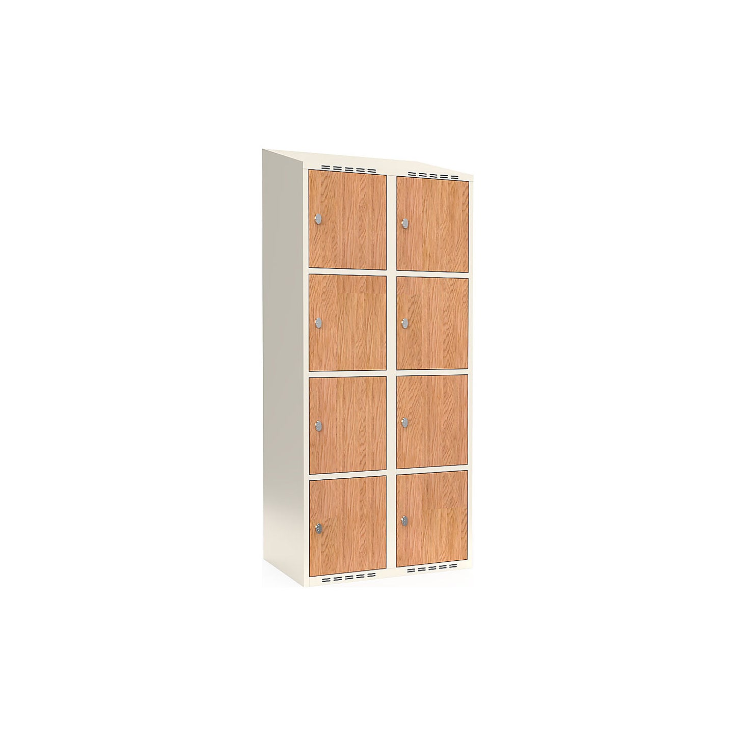 Fydor 4-door compartment locker, HPL, 2 sections, white/oak, W 800 mm, sloping roof shape, padlock.