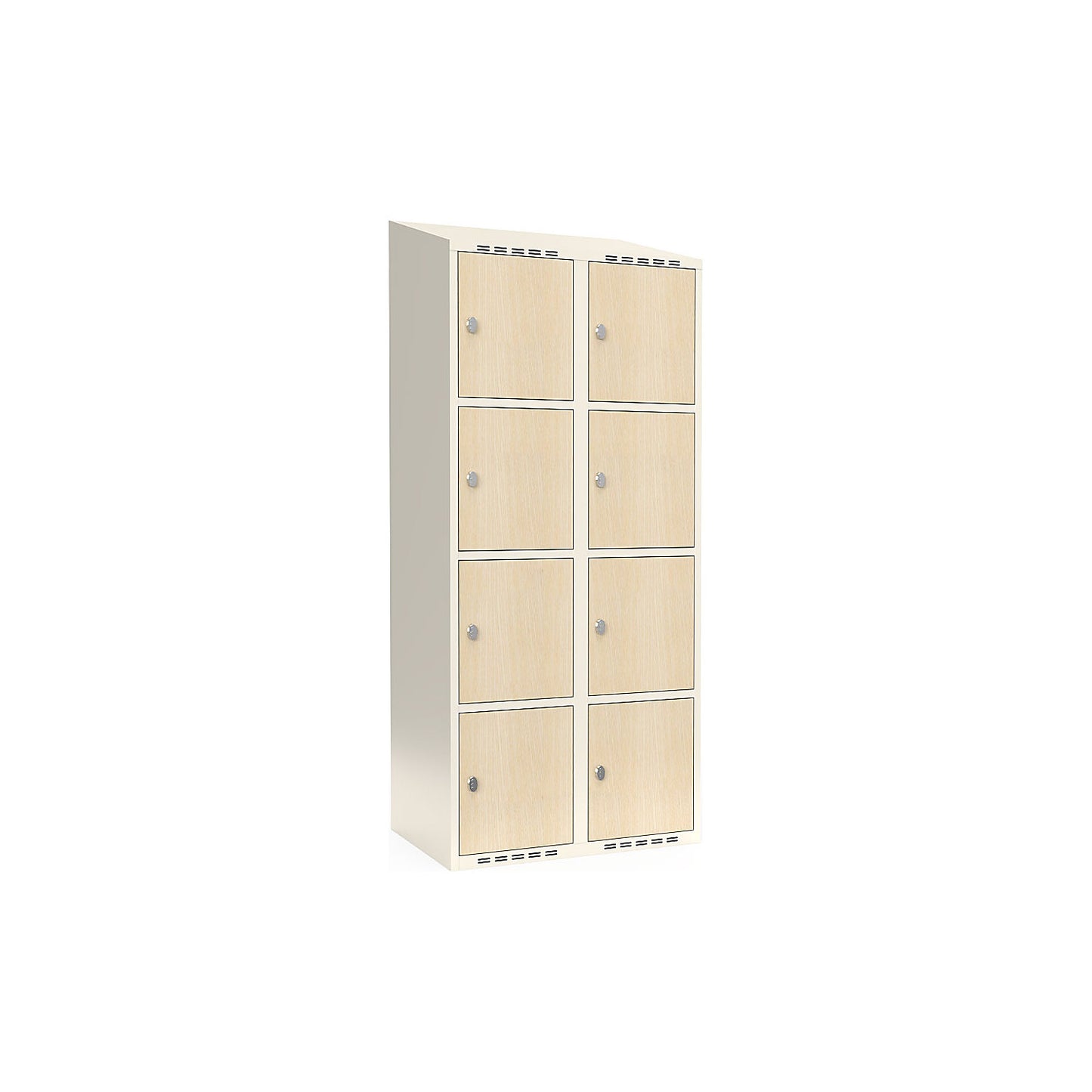 Fydor 4-door compartment locker, HPL, 2 sections, white/birch, W 800 mm, sloping roof shape, padlock.
