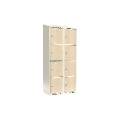 Fydor 4-door compartment locker, HPL, 2 sections, white/birch, W 800 mm, sloping roof shape, padlock.