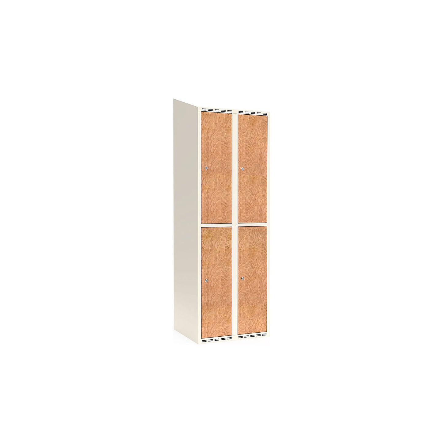Fydor double deck clothes locker, HPL, 2 sections, white/oak, W 600 mm, sloping roof shape, cylinder lock.