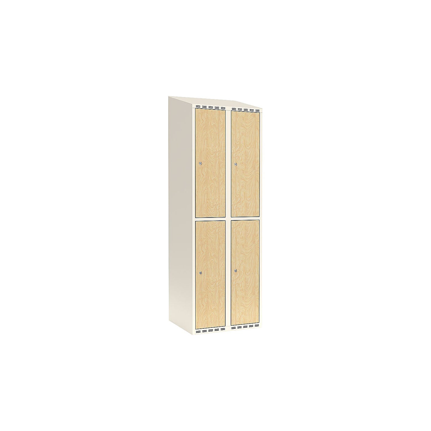 Fydor double deck clothes locker, HPL, 2 sections, white/birch, W 600 mm, sloping roof shape, cylinder lock.