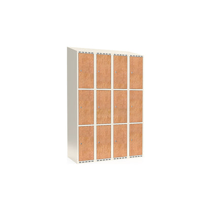 Fydor 3-door compartment locker, HPL, 4 sections, white/oak, W 1200 mm, sloping roof shape, cylinder lock.