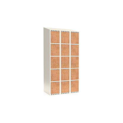Fydor 5-door compartment locker, HPL, 3 sections, white/oak, W 900 mm, sloping roof shape, cylinder lock.