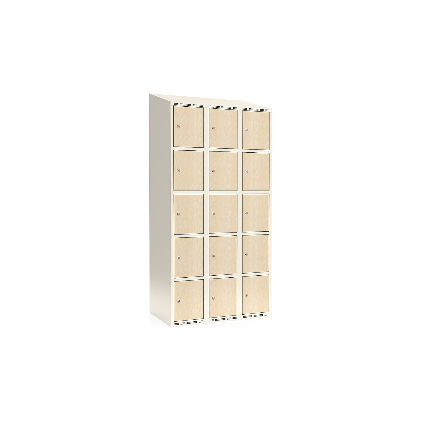 Fydor 5-door compartment locker, HPL, 3 sections, white/birch, W 900 mm, sloping roof shape, cylinder lock.
