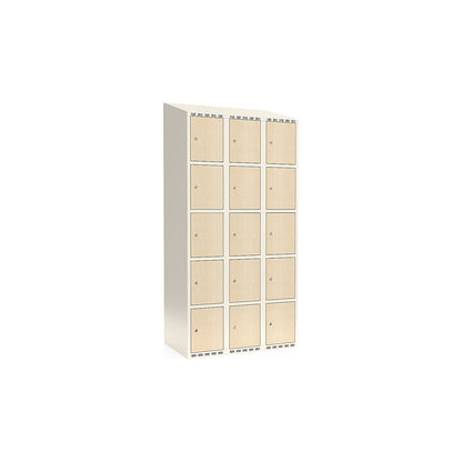 Fydor 5-door compartment locker, HPL, 3 sections, white/birch, W 900 mm, sloping roof shape, cylinder lock.