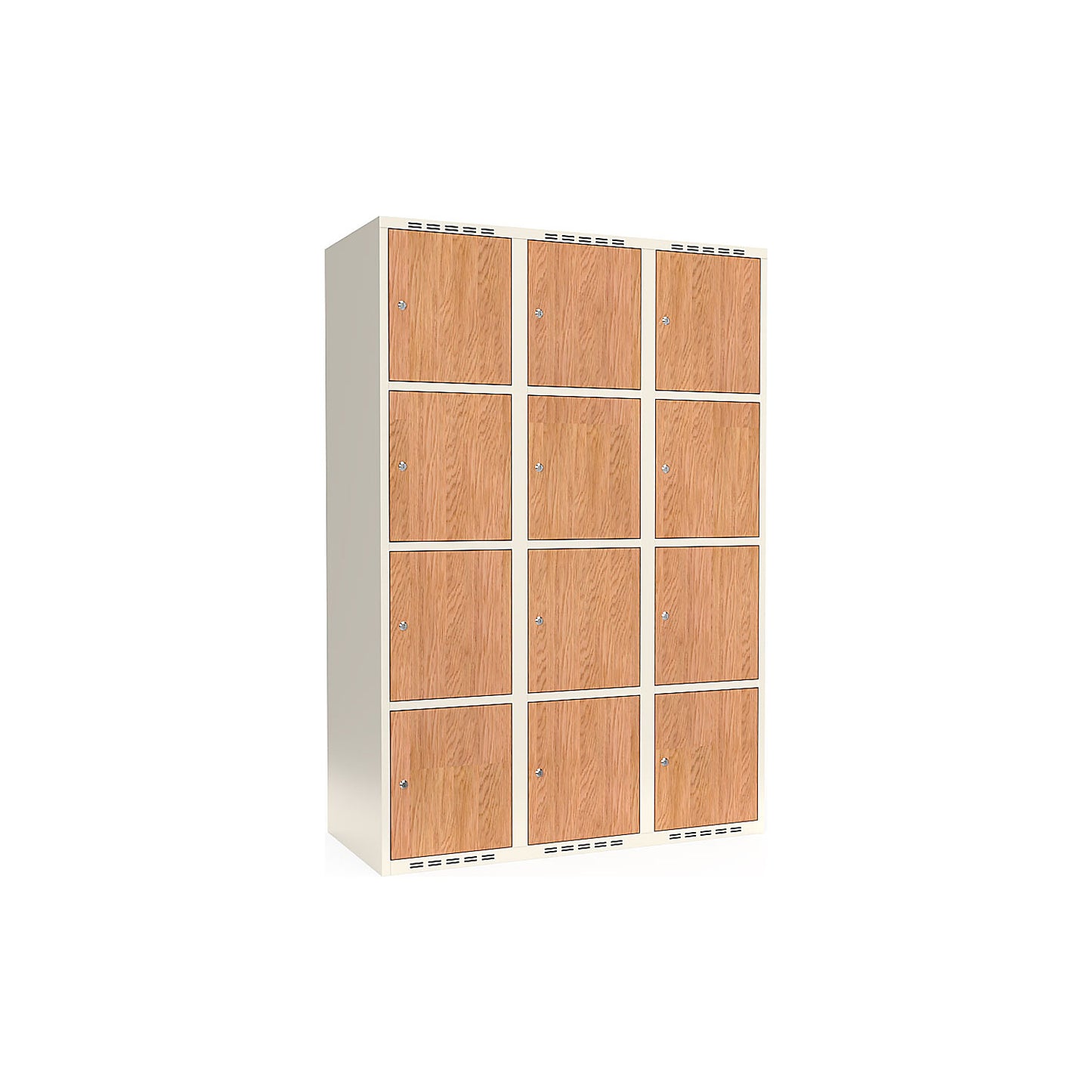 Fydor 4-door compartment locker, HPL, 3 sections, white/oak, W 1200 mm, flat roof shape, cylinder lock.
