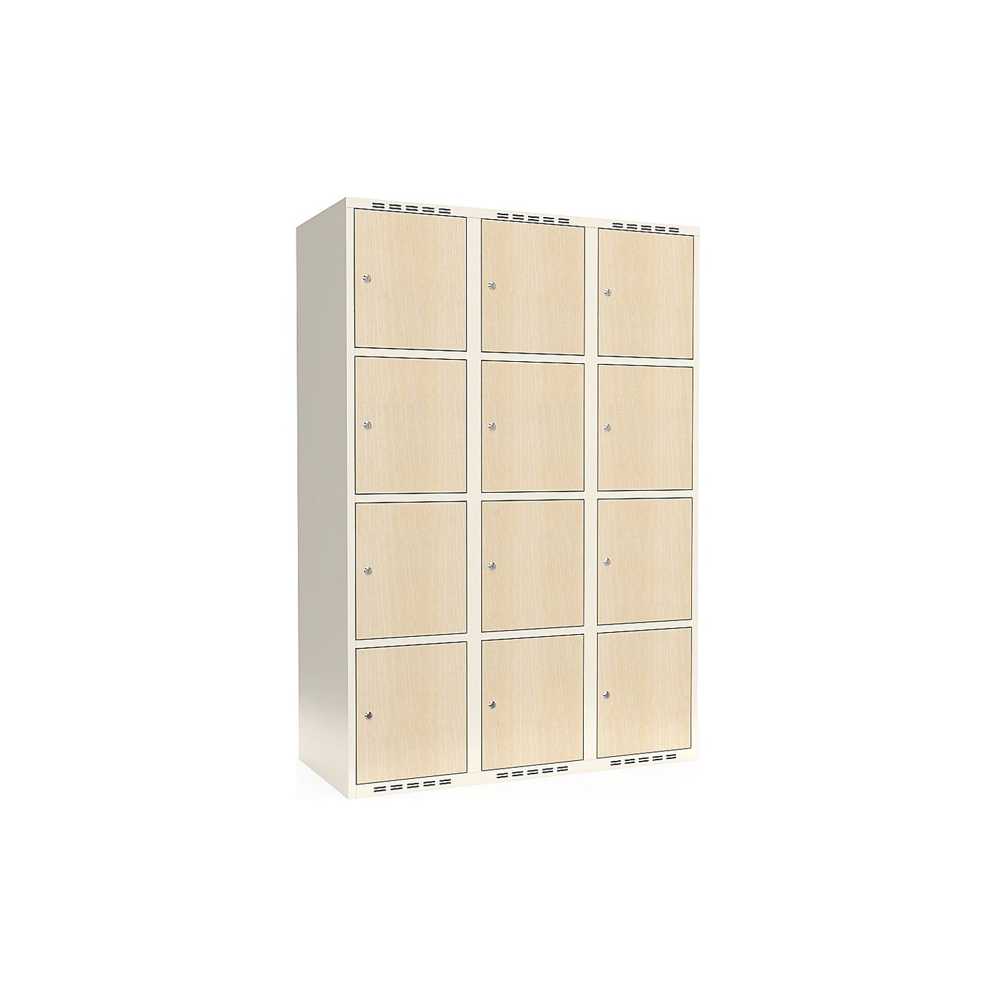 Fydor 4-door compartment locker, HPL, 3 sections, white/birch, W 1200 mm, flat roof shape, cylinder lock.