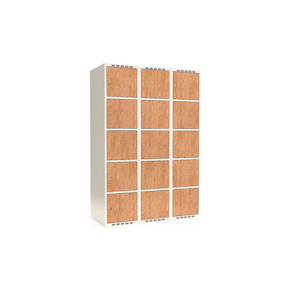 Fydor 5-door compartment locker, HPL, 3 sections, white/oak, W 1200 mm, flat roof shape, cylinder lock.