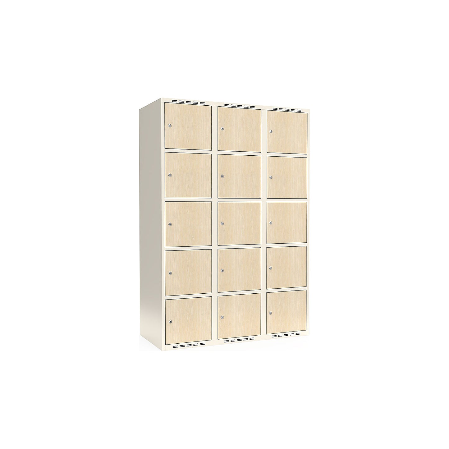Fydor 5-door compartment locker, HPL, 3 sections, white/birch, W 1200 mm, flat roof shape, cylinder lock.