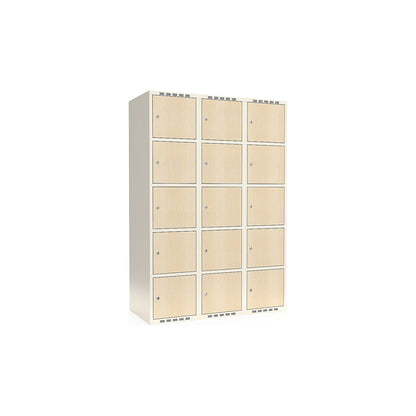 Fydor 5-door compartment locker, HPL, 3 sections, white/birch, W 1200 mm, flat roof shape, cylinder lock.