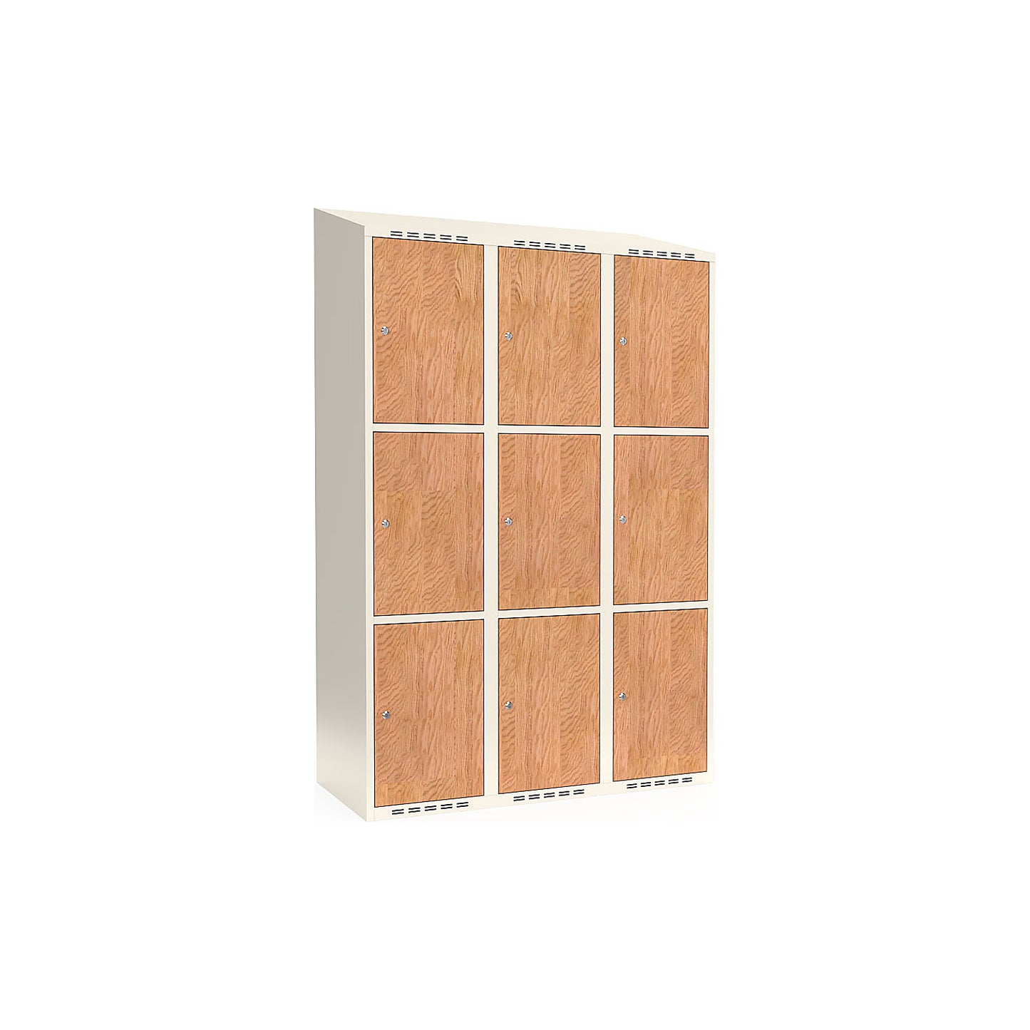 Fydor 3-door compartment locker, HPL, 3 sections, white/oak, W 1200 mm, sloping roof shape, cylinder lock.
