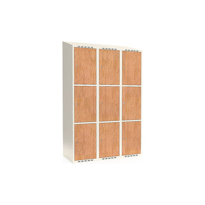 Fydor 3-door compartment locker, HPL, 3 sections, white/oak, W 1200 mm, sloping roof shape, cylinder lock.