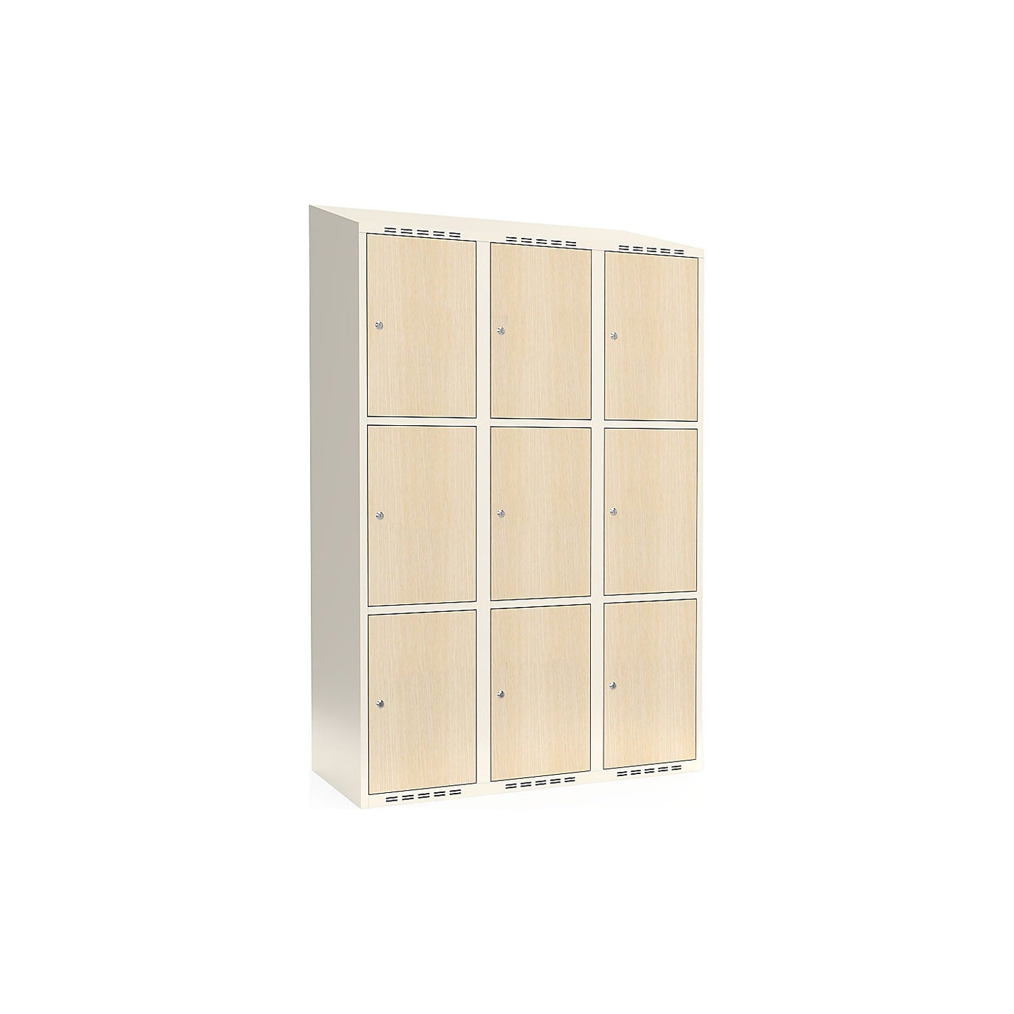 Fydor 3-door compartment locker, HPL, 3 sections, white/birch, W 1200 mm, sloping roof shape, cylinder lock.