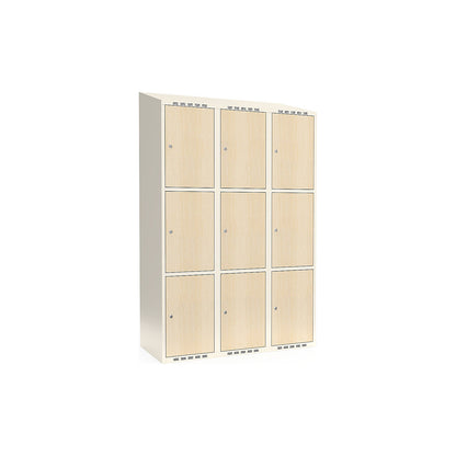 Fydor 3-door compartment locker, HPL, 3 sections, white/birch, W 1200 mm, sloping roof shape, cylinder lock.
