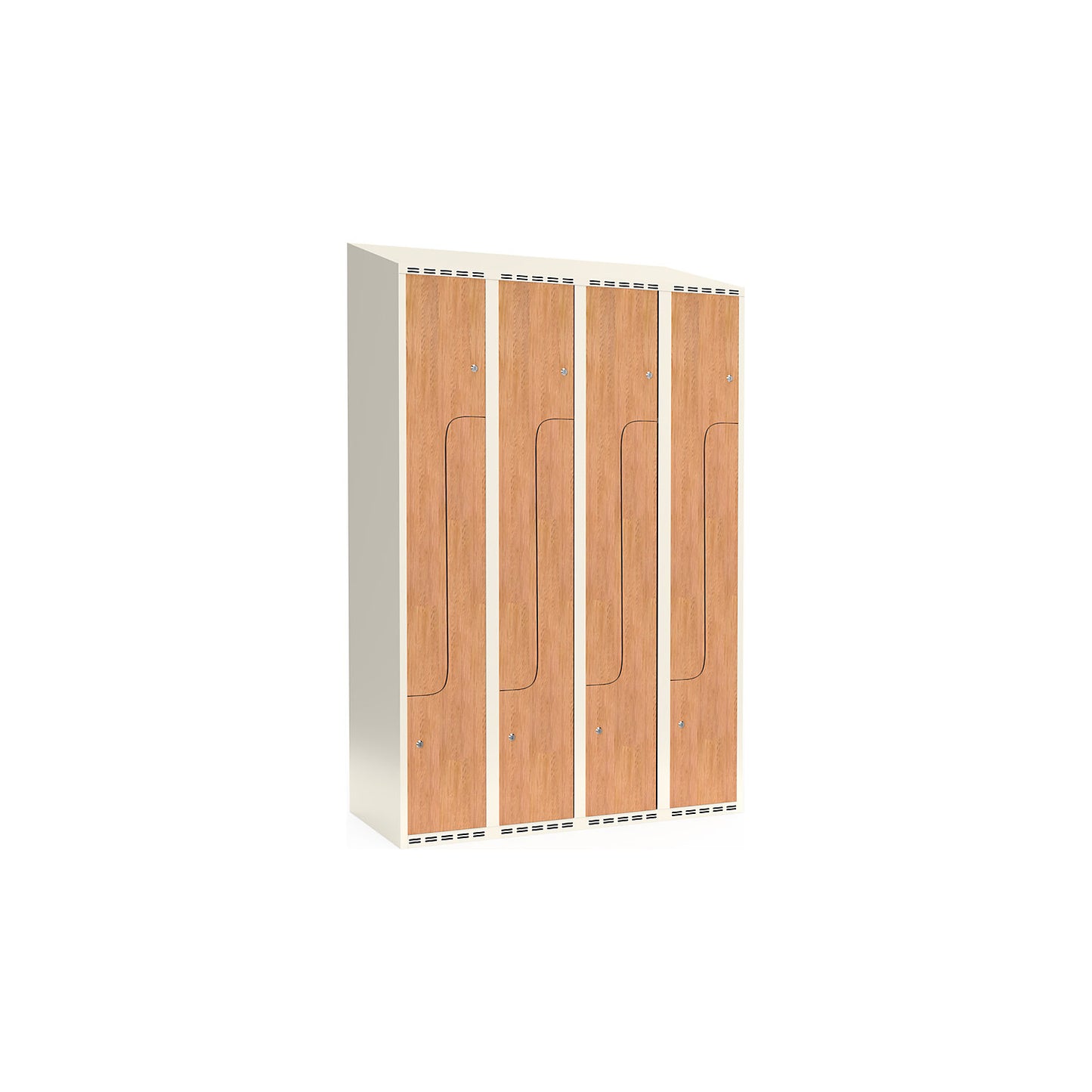 Fydor Z clothes locker, HPL, 4 sections, white/oak, W 1200 mm, sloping roof shape, cylinder lock.