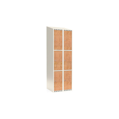 Fydor 3-door compartment locker, HPL, 2 sections, white/oak, W 600 mm, sloping roof shape, cylinder lock.