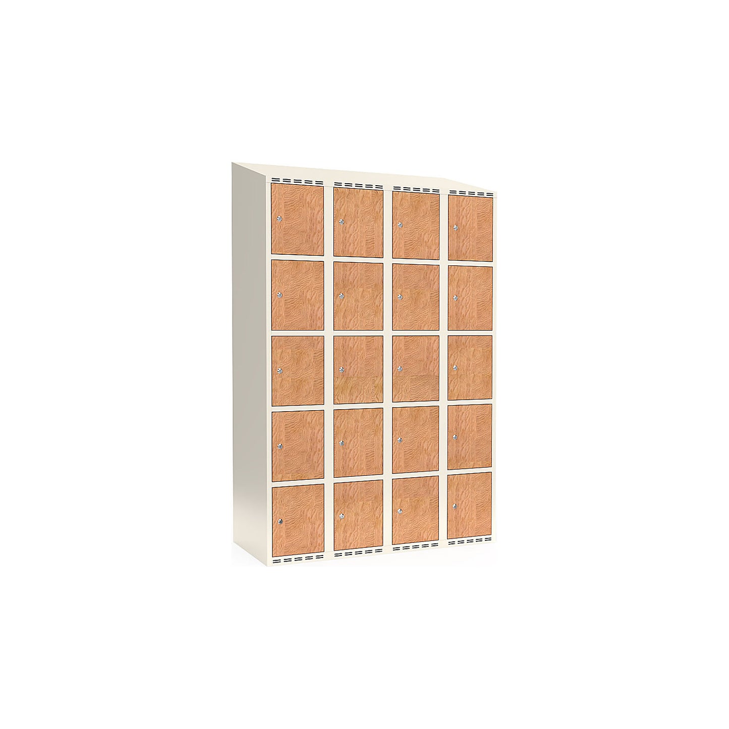 Fydor 5-door compartment locker, HPL, 4 sections, white/oak, W 1200 mm, sloping roof shape, cylinder lock.