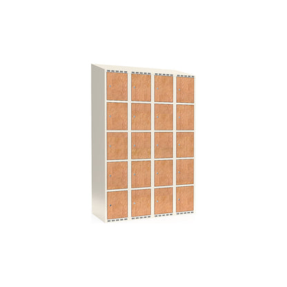 Fydor 5-door compartment locker, HPL, 4 sections, white/oak, W 1200 mm, sloping roof shape, cylinder lock.