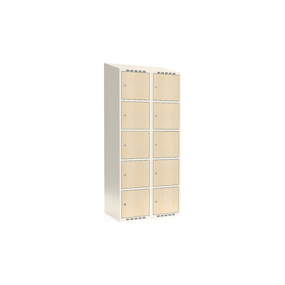 Fydor 5-door compartment locker, HPL, 2 sections, white/birch, W 800 mm, sloping roof shape, cylinder lock.