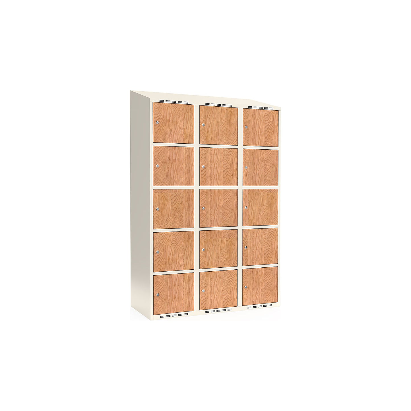 Fydor 5-door compartment locker, HPL, 3 sections, white/oak, W 1200 mm, sloping roof shape, cylinder lock.