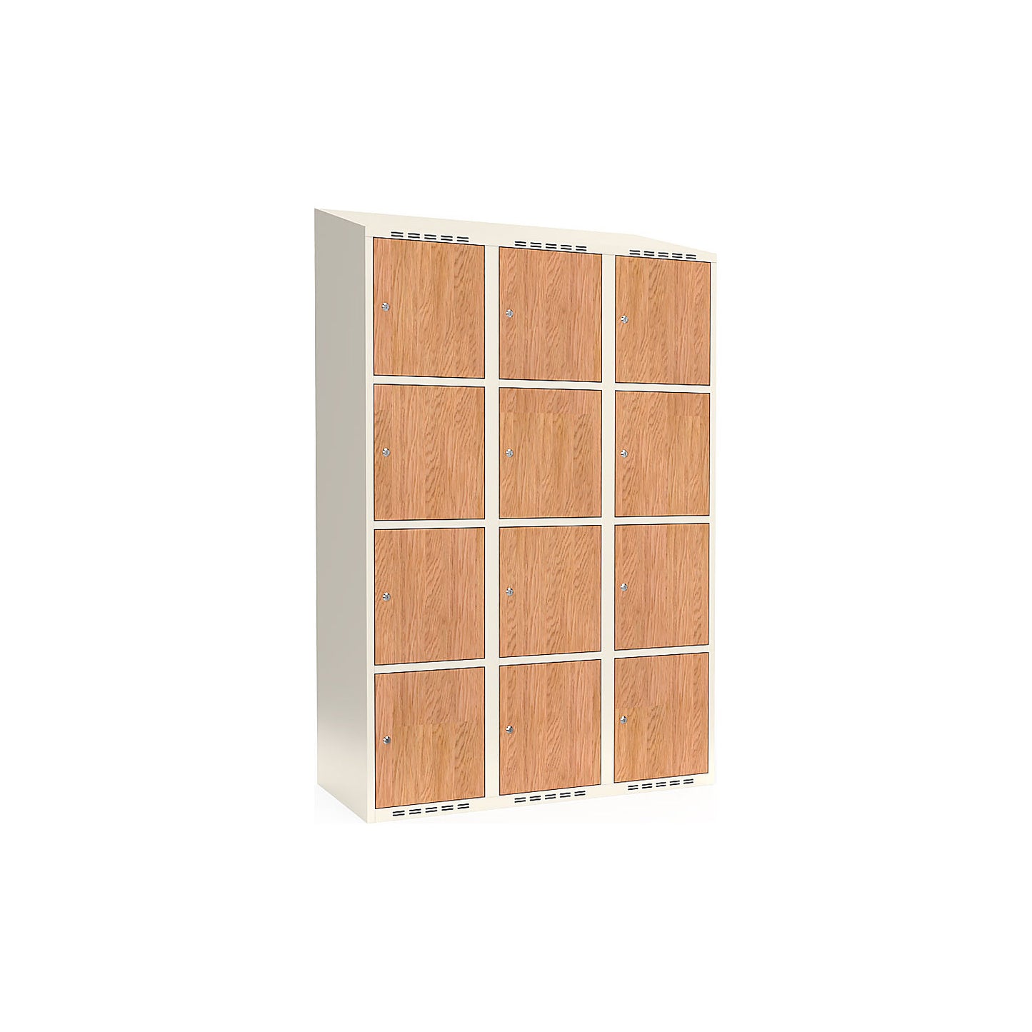 Fydor 4-door compartment locker, HPL, 3 sections, white/oak, W 1200 mm, sloping roof shape, cylinder lock.