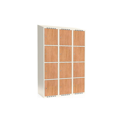Fydor 4-door compartment locker, HPL, 3 sections, white/oak, W 1200 mm, sloping roof shape, cylinder lock.