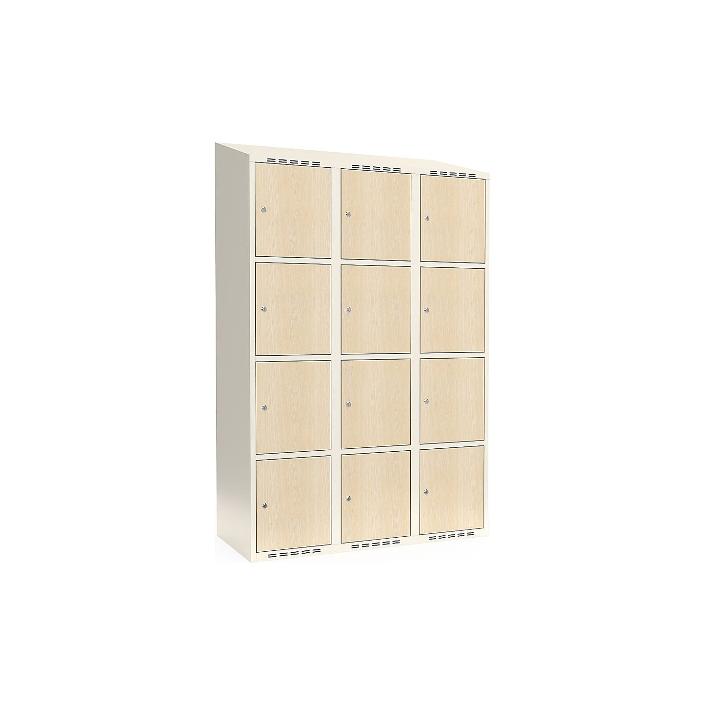Fydor 4-door compartment locker, HPL, 3 sections, white/birch, W 1200 mm, sloping roof shape, cylinder lock.