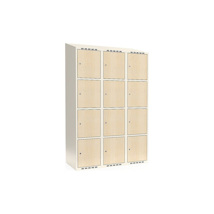 Fydor 4-door compartment locker, HPL, 3 sections, white/birch, W 1200 mm, sloping roof shape, cylinder lock.