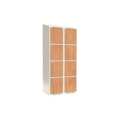 Fydor 4-door compartment locker, HPL, 2 sections, white/oak, W 800 mm, sloping roof shape, cylinder lock.