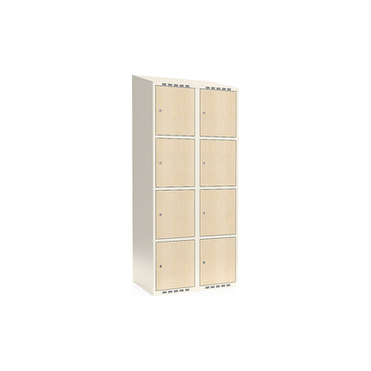 Fydor 4-door compartment locker, HPL, 2 sections, white/birch, W 800 mm, sloping roof shape, cylinder lock.