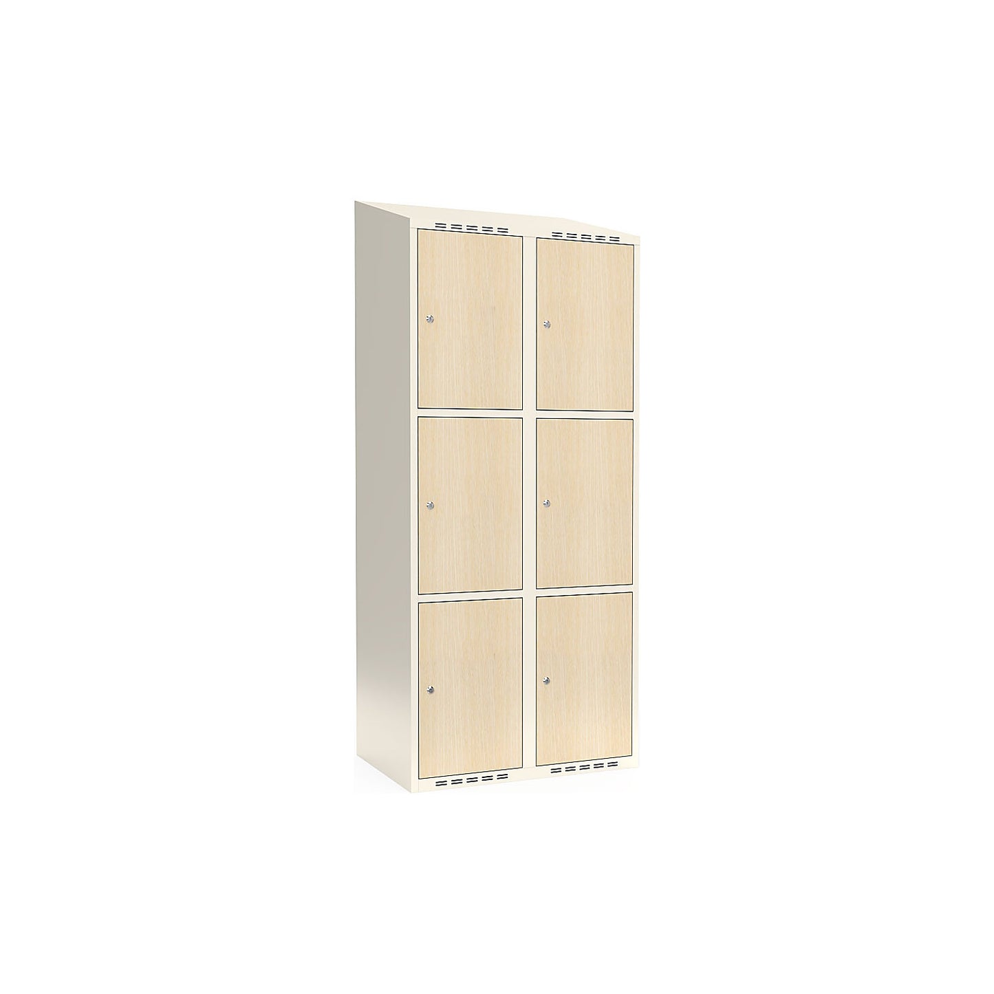 Fydor 3-door compartment locker, HPL, 2 sections, white/birch, W 800 mm, sloping roof shape, cylinder lock.