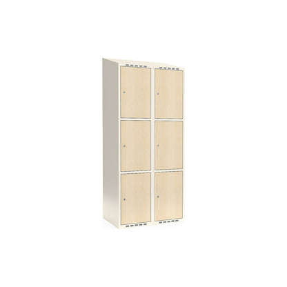Fydor 3-door compartment locker, HPL, 2 sections, white/birch, W 800 mm, sloping roof shape, cylinder lock.