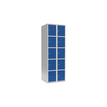 Fydor 5-fold compartment locker, 2 compartments, light grey / gentian blue, W 600 mm, flat roof shape, cylinder lock.