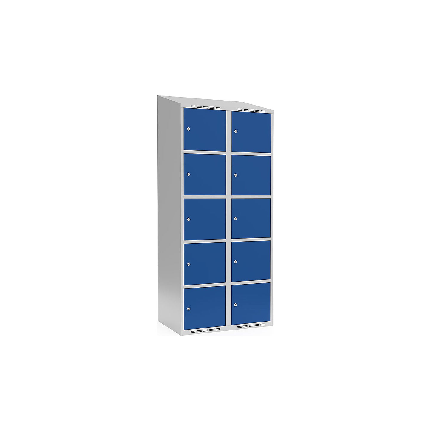 Fydor 5-fold compartment locker, 2 compartments, light grey / gentian blue, W 800 mm, sloping roof shape, cylinder lock.