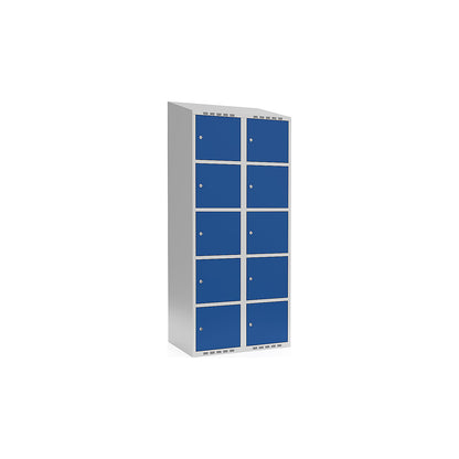 Fydor 5-fold compartment locker, 2 compartments, light grey / gentian blue, W 800 mm, sloping roof shape, cylinder lock.